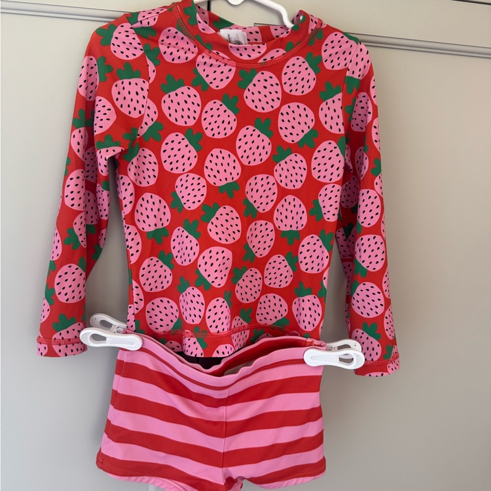 Hanna Andersson Pink Strawberry Rash Guard and Shorts Swim Set